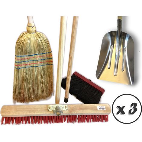 Ensemble de 3 balais de rue + pelle - Paille de riz - Cantonnier PVC 60 cm - Mickey - Pelle aluminium - Lot de 3 ensembles - Ensemble 3 balais + Pelle