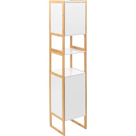 5Five Simply Smart – Colonne de salle de bain blanche 33x33x170 cm – 2 portes réversibles – Étagères réglables en hauteur – Construction en bambou et MDF (1/7)