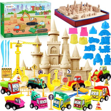 Sable Magique Enfant 2 Sacs, Véhicule Jouet, Avec Bac a Sable Enfant Exterieur Rabattable, Tracteur Jouet, Camion Jouet pour 3+ Ans Garçon Fille Cadeau (1/5)