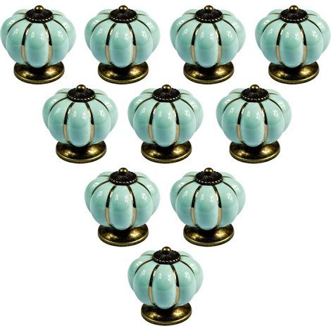 Lot de 10 boutons de meuble en céramique de style européen vintage et en forme de citrouille pour commode, armoires et tiroirs, Light Blue (1/5)