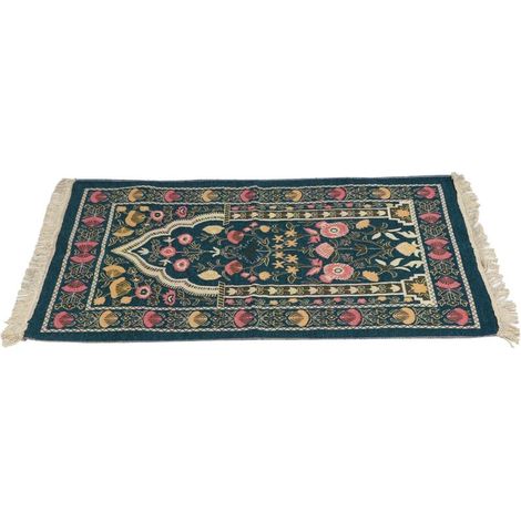 Tapis de Prière Musulman Portable Design Brodé Fleuri Délicat Bleu (1/5)