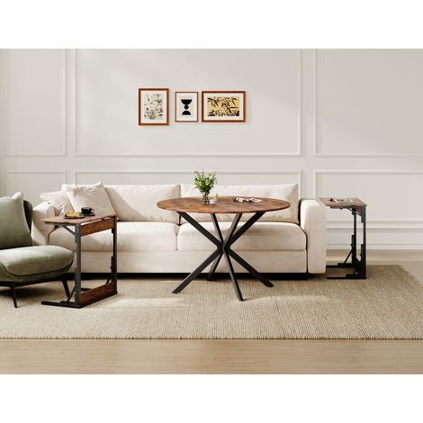 Table à manger ronde style industriel 120 cm avec pieds en X acier noir vintage brun (1/5)