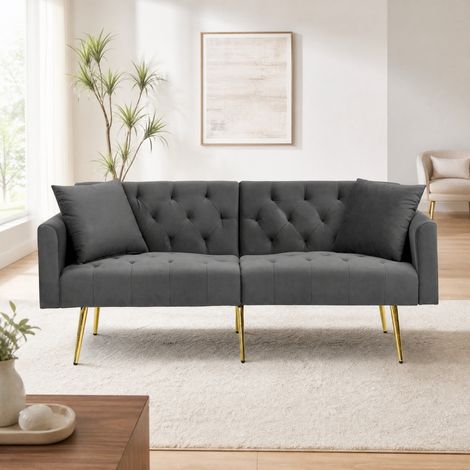 Canapé droit 2 places en velours gris – Canapé 2 places avec 2 coussins –Dossier réglable – Pieds métal –177×78×74 cm (1/5)