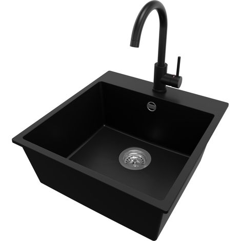 PRIMAGRAN Evier Cuisine en Granit 48x50cm, Lavabo 1 bac + Robinet 32x20cm + Kit de Vidage, Évier à Encastrer au meuble 50cm - Riga, Noir