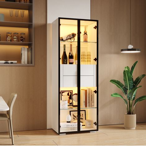 Vitrine 60x40x160 cm avec éclairage LED, 2 étagères en verre et 2 tiroirs Convient au salon Blanc (1/5)