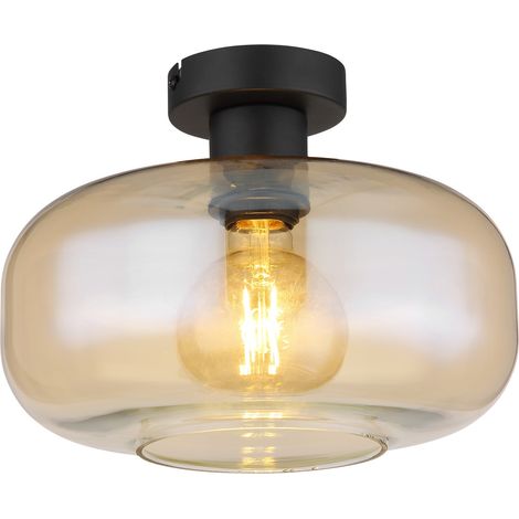 Plafonnier Plafonnier lampe de salon abat-jour en verre ambré, métal noir, douille 1x E27, DxH 28x20,5 cm (1/5)