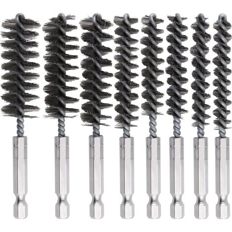 8 pcs brosse d’alésage en acier inoxydable avec tige hexagonale 1/4 "Brosse à fil torsadé Brosse de nettoyage de fil Nettoyant pour perceuse électrique Tournevis à percussion (8-19mm) (1/5)