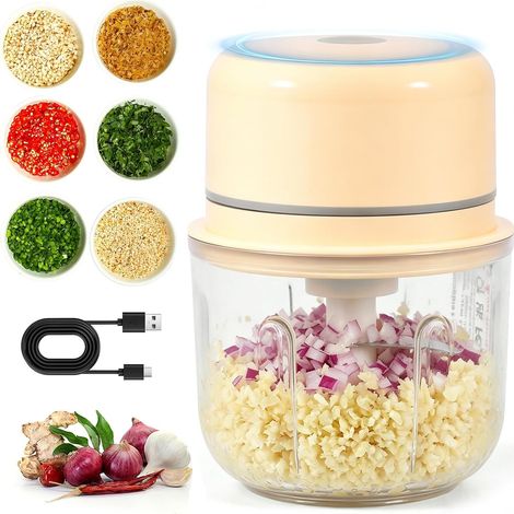 Hachoir électrique, 250ml Mixeur Hachoir Rechargeable USB Hachoir à Oignons Sans Fil, Mini Coupe Legumes avec 3 Lames Portable Petit Mixeur Electrique Pour Oignon Ail Fruits Noix Viande (1/5)