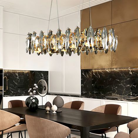 Grosse lineare Kristall Haengeleuchte Gold 100 cm rechteckige Pendellampe mit 10x E14 hoehenverstellbar moderne Deckenleuchte fuer lange Esstische