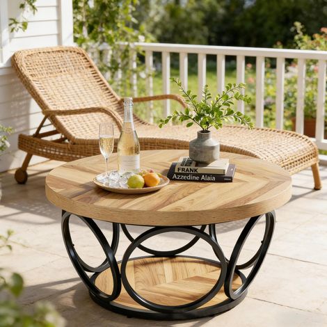 Table basse ronde à 2 niveaux avec rangement, plateau 80 cm, bois et métal, noir et brun (1/5)