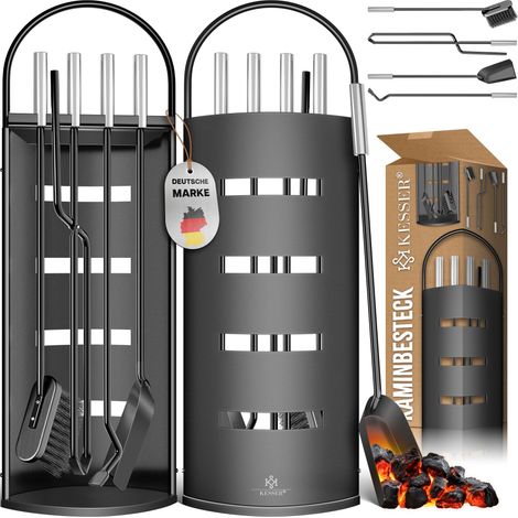 Kesser – Set de 5 ustensiles de cheminée en acier inoxydable et fonte – Tisonnier 52cm, pelle 54cm, balai 53cm – Design moderne et antidérapant (1/5)