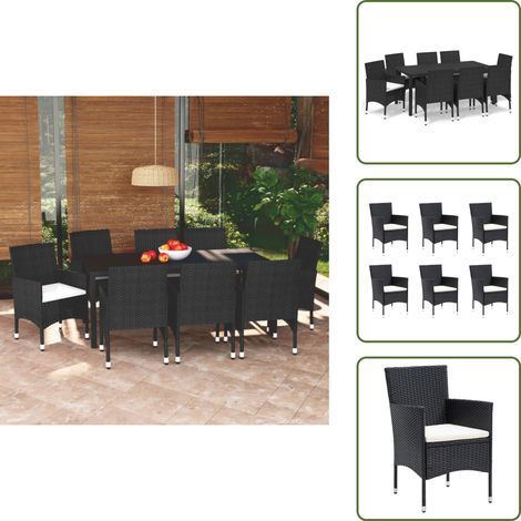 9-tlg. Garten-Essgruppe mit Kissen Poly Rattan Schwarz - Gartenmöbel - Essgruppe - Outdoor Möbel - Balkonmöbel - Terrassengruppe (1/5)