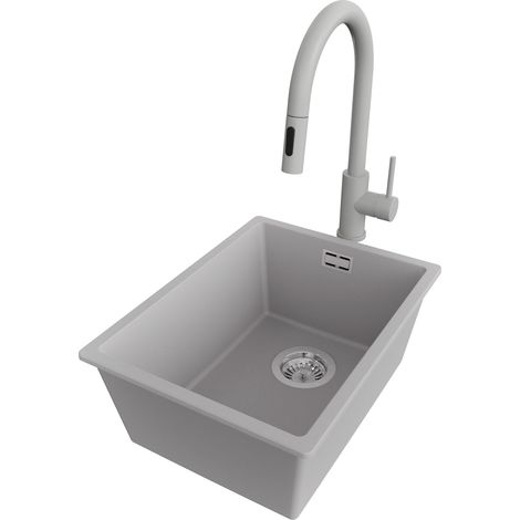 PRIMAGRAN Evier Sous Plan 36x47cm,Evier en Granit 1 bac + Robinet 40x20cm + Kit de Vidage, Évier au meuble 40cm - London, Gris (1/5)