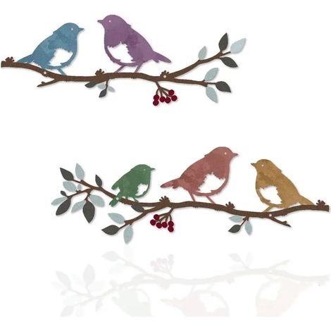 Lot de 2 oiseaux muraux en métal sur branche, multicolore. Décoration murale oiseaux métal, feuilles avec silhouettes. - Multicolore (1/5)
