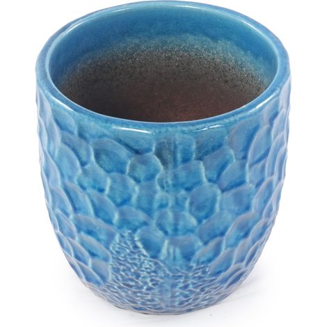 Juego de 4 maceteros de cerámica azul con relieve martillado, esmaltados y con orificio de drenaje (1/5)