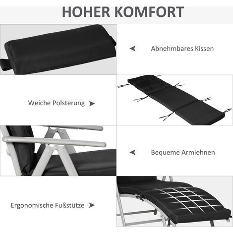 Transatsable plage pliant avec coussin tête et assise, dossier réglable 7 positions, chaise longue jardin jusqu'à 165 kg, pour extérieur vacances, Noir (1/5)