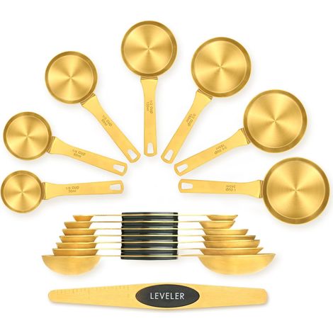 Messbecher und -löffel, 15-teiliges Set, Gold  Komplettes Set: 7 doppelseitige magnetische Messlöffel, 7 Messbecher, 1 Hebel, zum Backen und Konditorei (1/5)