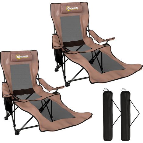 Lot de 2 chaises de camping pliantes et inclinables en oxford 600D avec repose-pieds détachable marron et noir (1/5)