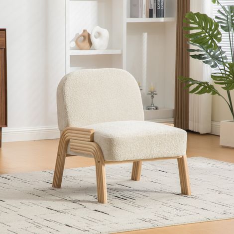 Fauteuil lounge en chenille beige avec pieds en bois massif, chaise sans accoudoirs pour salon et chambre,72x61x78 cm (1/5)