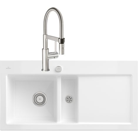 VILLEROY ET BOCH Subway Pure 60 fregadero desagüe derecho desagüe automático + Grifo de cocina Steel Expert Compact Acero macizo