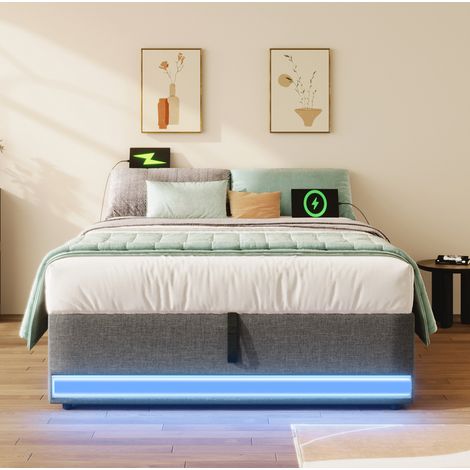 Lit coffre 90x200 LED USB Type-C lin gris OKMYHOME (1/5)
