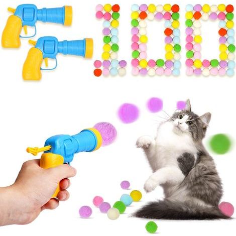 Ensemble de 100 balles pour chats avec 2 lanceurs, jouets interactifs et amusants pour chats d'intérieur, chats adultes et chatons. (1/5)