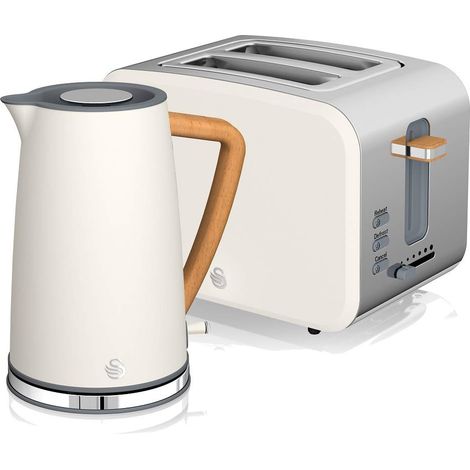 Set Desayuno Bouilloire sans fil 1,7 L 2200 W Grille-pain à fente large 2 tranches 3 fonctions Design moderne Effet bois Blanc (1/5)
