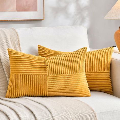 Set di 2 federe per cuscini in stile boho, 30x50 cm, giallo-arancio, con motivo a croce, in velluto a coste, moderne e accoglienti, perfette per divano, camera da letto e sedia (1/5)