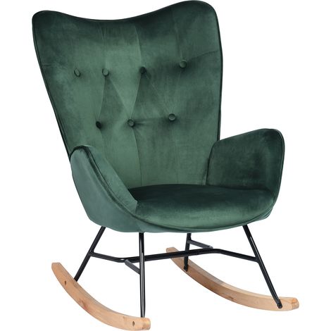 URBAN MEUBLE Sedia a dondolo scandinava in velluto verde con gambe in legno chiaro