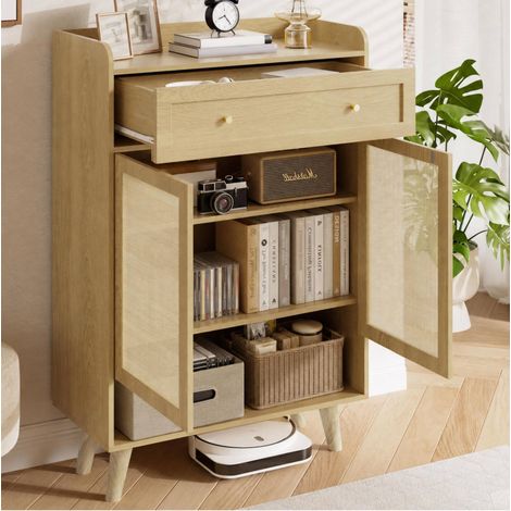Meuble de rangement 80x105x35 cm à 2 portes, 1 tiroir, étagères réglables, ouverture push-to-open, chêne clair (1/5)