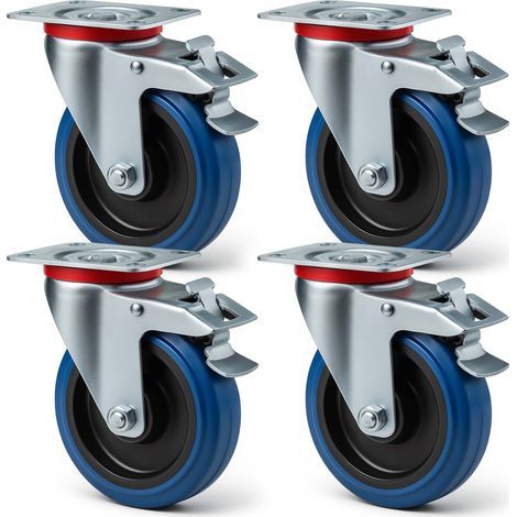 Wiltec Set 4 ruote girevoli con freno, per trasporto, 80mm, plastica e gomma, max 100 kg a rotella