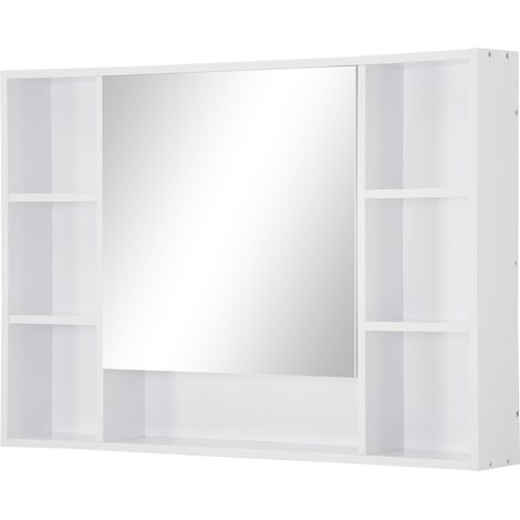 Badezimmer-Wandschrank mit Spiegel, Ablagefach, 7 offenen Regalböden und Schranktür, 100 x 15 x 70 cm, weiß