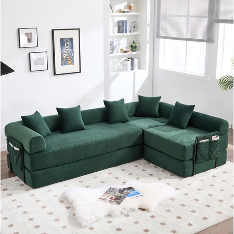 Canapé modulaire en velours côtelé vert émeraude avec poche 270 x 180 x 64 cm OKWISH (1/5)