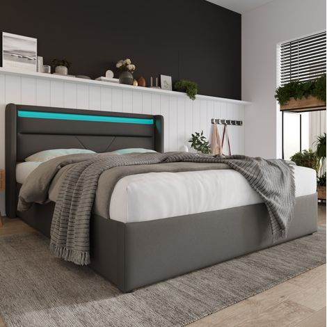 Cama doble almacenamiento LED tapizada gris OKMYHOME (1/5)