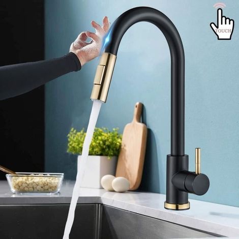 Robinet Cuisine à Capteur Tactile-Robinet Cuisine Douchette Extractible 2 Modes-Mitigeur Cuisine noir et doré brossé