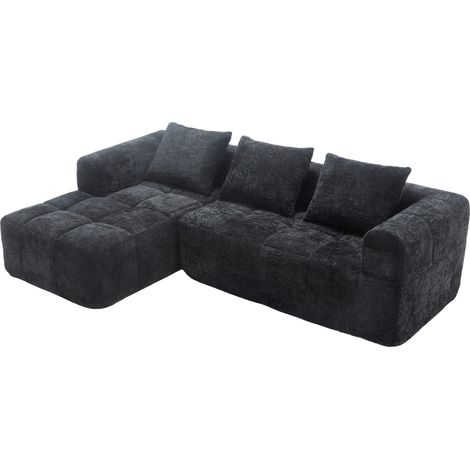 Sofá esquinero moderno de chenilla negro con chaise longue, 3 cojines y bolsillos laterales (1/5)