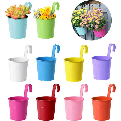Lot de 10 pots de fleurs colorés en métal à suspendre avec crochet amovible, pour balcon, clôture, décoration d'intérieur (1/5)