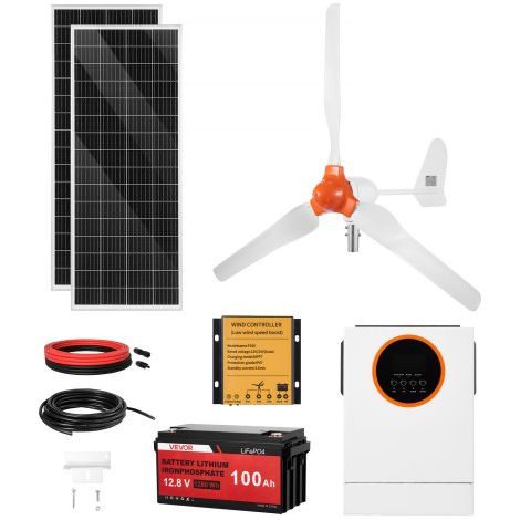 Kit d'Énergie Éolienne et Solaire 12 V 600 W,2 Panneaux Monocristallins 100 W,Éolienne 400 W,Batterie LiFePO₄ 12,8 V 100 Ah,Onduleur Solaire Hybride 1000 W pour Camping-car,Bateau,Maison (1/3)