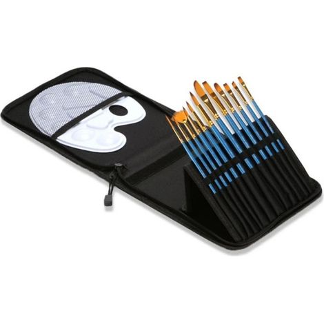 Lot de 12 pinceaux professionnels pour peinture acrylique, avec étui de transport et palette - bleu (1/4)