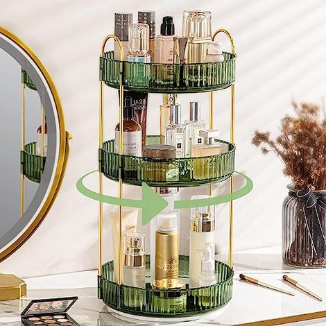 Organiseur De Maquillage Rotatif À 360°, Organiseur De Salle De Bain, Maquillage Et Soins De La Peau (3 Niveaux, Vert) (1/5)