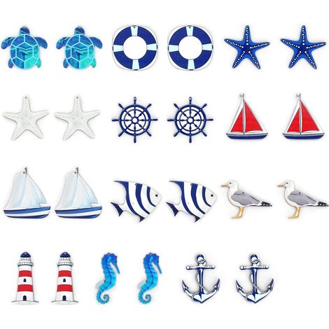 24 colgantes marítimos, decoración náutica, kit de decoración marítima, estrella de mar, barco, ancla, faro, pez, cocotero para mini red de pesca, adornos para colgar en la pared.