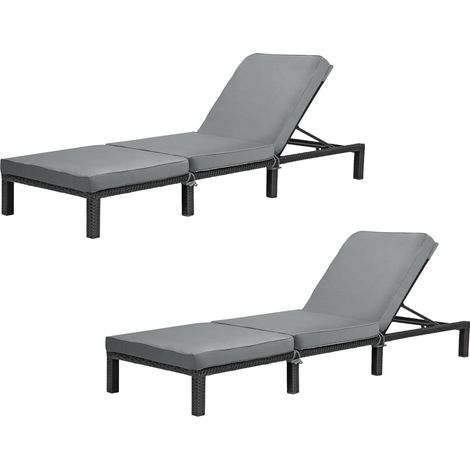 Svita – Set de 2 chaises longues de jardin pliables en poly rotin noir – Coussin épais 8 cm – Dossier réglable 5 positions – Dimensions 196 x 66 x 22 cm