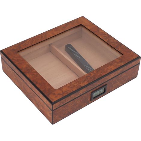 Boîte à cigares portable en bois de cèdre, coffret de rangement avec couvercle en verre et hygromètre numérique, marron. (1/5)