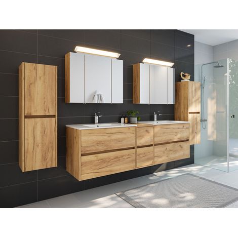 Badmöbelset Taifun 190cm 5tlg mit 2x Spiegelschrank und 2x Seitenschrank eiche