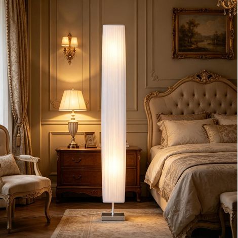 Lampadaire colonne 14x14x120 cm en métal et polyester blanc, design moderne pour salon FLORAGRACE (1/5)