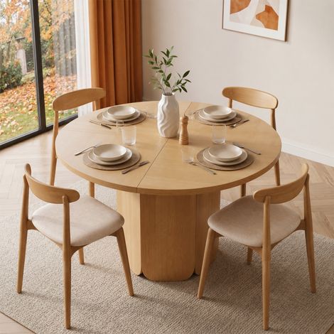Table de salle à manger ronde 120 cm – Pour 4 à 6 personnes – Design classique –Haute qualité, durable et résistante aux rayures – Finition chêne (Table seule)