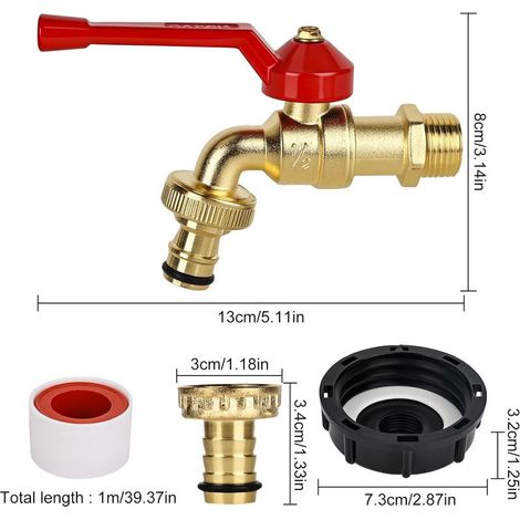 Ablassventil für Regenwassertank 1000 l – Vergoldete Messinglegierung – 1/2"-Kugelhahn – IBC-Adapter – S60 x 6 (1/4)
