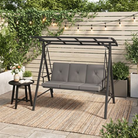 Balancelle de jardin 3 places Bealife avec Assise Rembourrée Auvent Réglable en Polycarbonate Structure en Métal pour Extérieur Terrasse Patio Gris 206 x 181,6 x 117,6 cm
