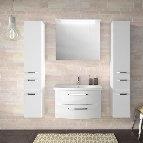 Badezimmer Set in Hochglanz weiß FES-4010-60 mit 80cm Keramik Waschtisch, Spiegelschrank inkl. LED & 2 Hochschränke (1/5)