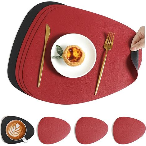 Zweifarbiges Platzset und Untersetzer-Set (4-teilig), hitzebeständig, rutschfest und abwaschbar, geeignet für Esstische, Couchtische und Küchen (schwarz + rot).